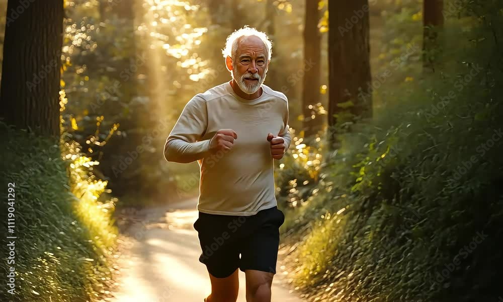 Joyful senior man jogging in serene forest during golden hour, showcasing dedication to fitness and healthy lifestyle amidst natural beauty and tranquility with ai generated.