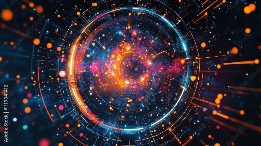 Obraz premium Vibrant Cosmic Explosion with Colorful Patterns and Light Trails in Deep Space Background