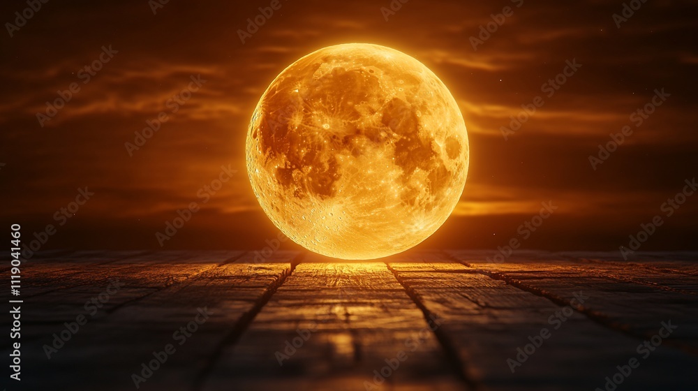 Large orange full moon over dark wooden planks. Large orange full moon over dark wooden planks.
