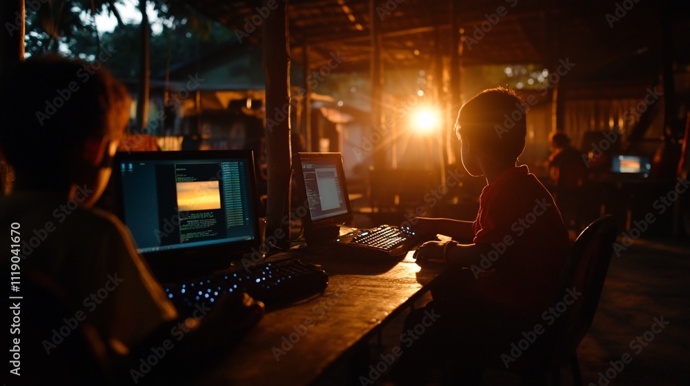 Children learning computers at sunset in rural setting. Children learning computers at sunset in rural setting.