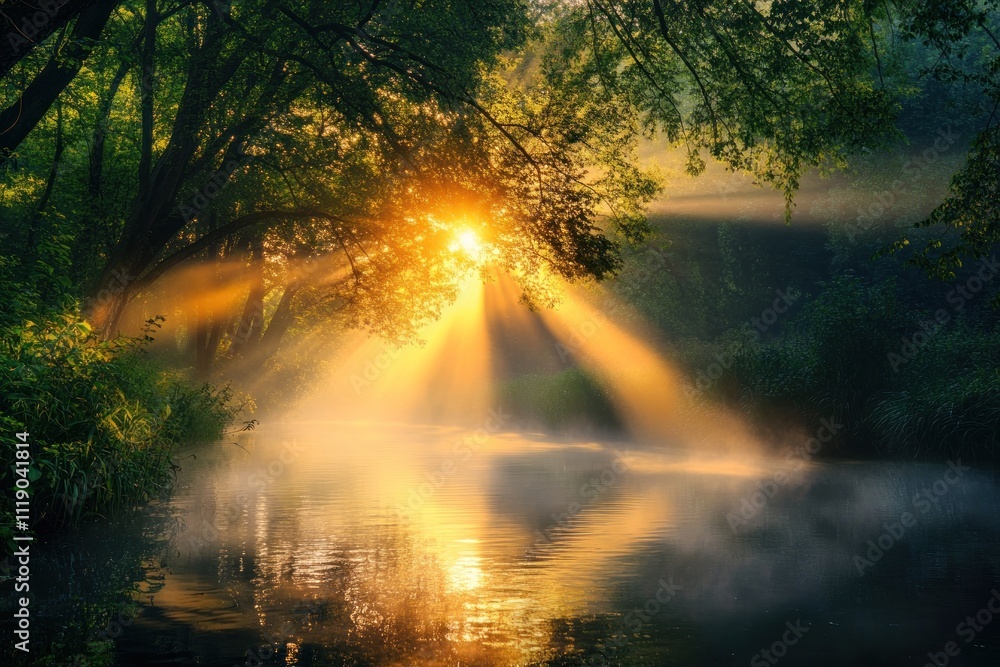 Golden sunrise rays illuminate a misty forest river Golden sunrise rays illuminate a misty forest river