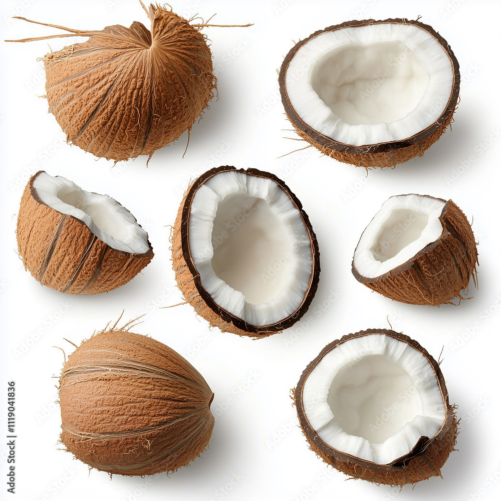 Whole and half coconuts isolated on white background.
Whole and half coconuts isolated on white background.