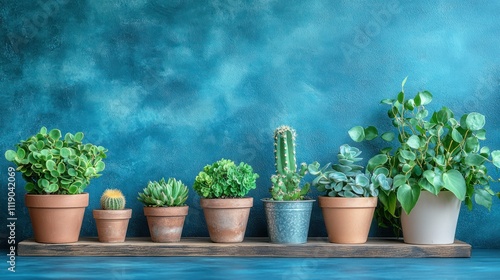 Potted plants in a vintage wooden stand on a blue background. Plants arrangement in a blue green background.