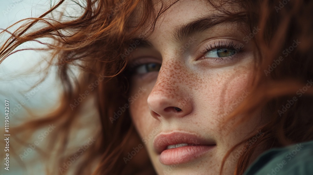 Close-up portrait of a freckled redhead woman with windblown hair. Close-up portrait of a freckled redhead woman with windblown hair.