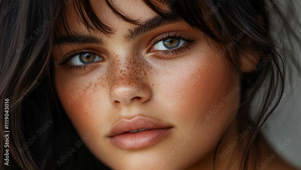 Close-up portrait of a young woman with freckles and natural makeup. Close-up portrait of a young woman with freckles and natural makeup.