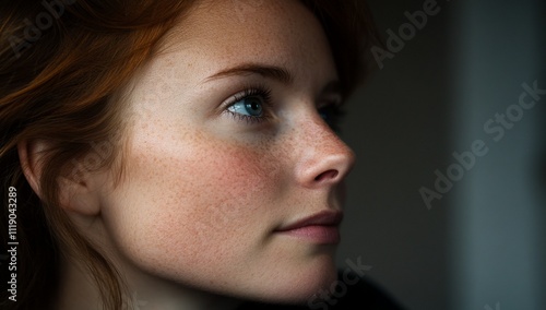 Close-up profile of a young woman with freckles and red hair, looking thoughtfully off-camera.