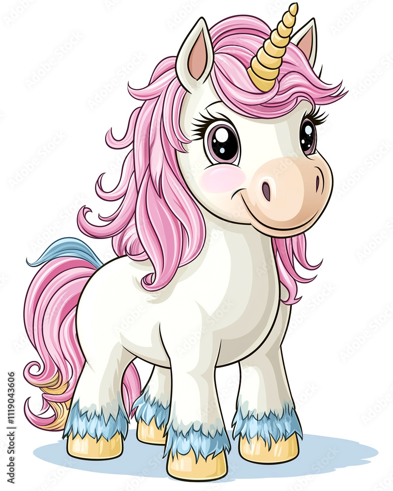 A cute cartoon unicorn with pink hair and a blue horn. It has a big smile on its face A cute cartoon unicorn with pink hair and a blue horn. It has a big smile on its face