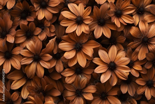 A close-up view of a dense arrangement of warm-toned flowers.