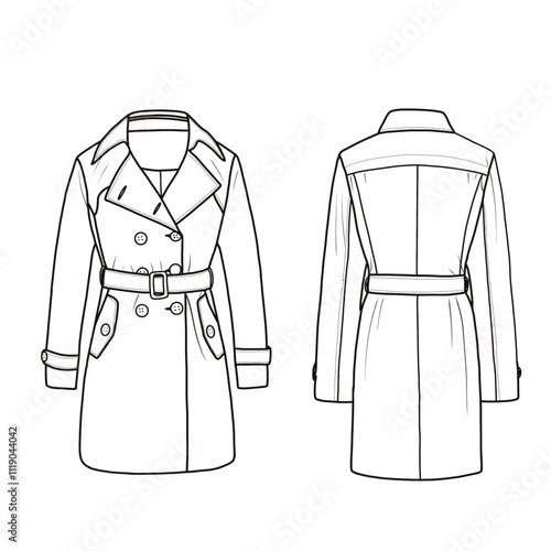Women's double-breasted trench coat classic lapel outwear waterproof with belt buckle line art. Flat coat template front and back view.