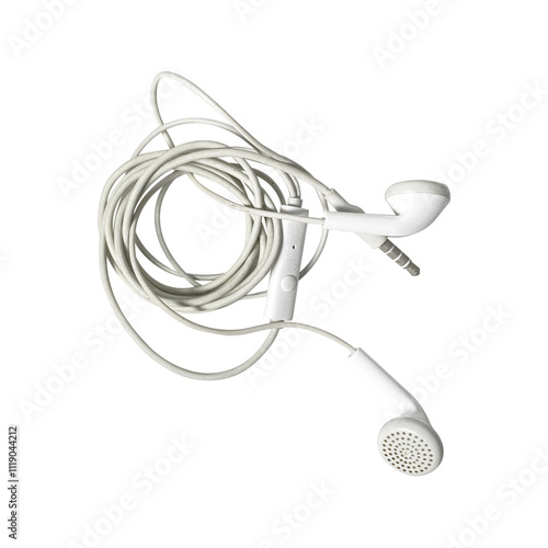 Foto headphones with a tangled wire on wihite background 1