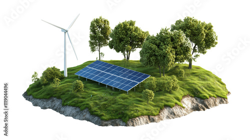 A Futuristic Green Energy Concept Featuring Solar Panels and a Wind Turbine on a Lush Green Island for Sustainable Development