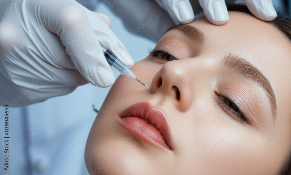 Botox filler procedure on woman face, showcasing precision and care during treatment. professional gloved hands administer injection with focus and expertise Botox filler procedure on woman face, showcasing precision and care during treatment. professional gloved hands administer injection with focus and expertise