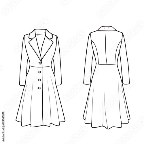 Women's winter dress overcoat notch lapel single-breasted coat long trench coat jacket line art. Flat coat template front and back view.