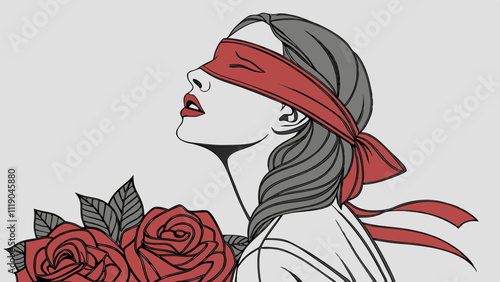 Model Beauty with Red Lips Make up over Artistic Flying Chiffon Fabric as Rose Flower. Mysterious Fantasy Blindfolded Woman Art Portrait over Gray Studio Background
