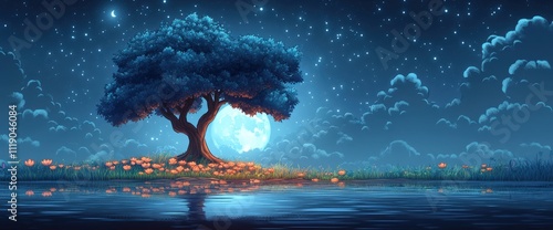 Serene nightscape featuring a majestic tree, luminous flowers, and a tranquil lake under a full moon and starry sky; perfect for fantasy, dreamlike, or peaceful themes. photo