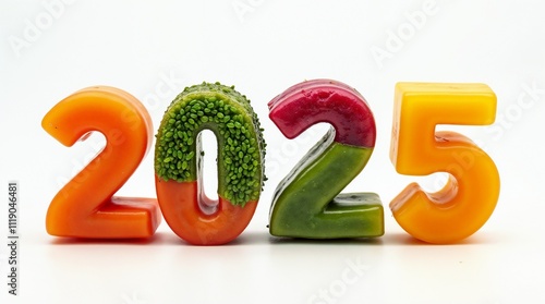 numbers 2025 stacked from different vegetables and fruits at white background photo