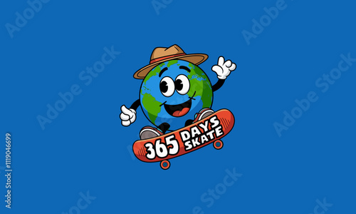 Cartoon Earth skating with "365 Days Skate" message.