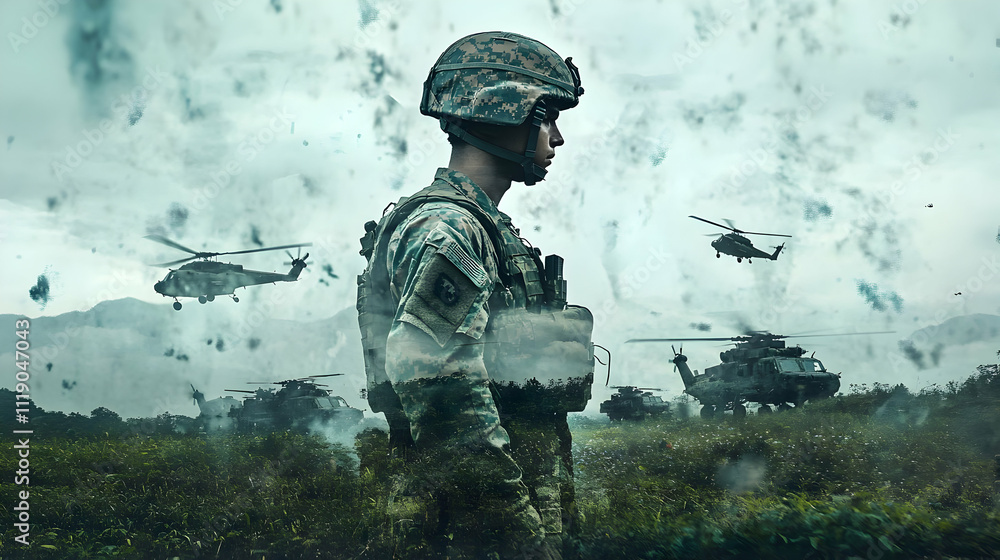 A soldier stands amidst helicopters in a dramatic, smoky landscape, symbolizing military presence. A soldier stands amidst helicopters in a dramatic, smoky landscape, symbolizing military presence.