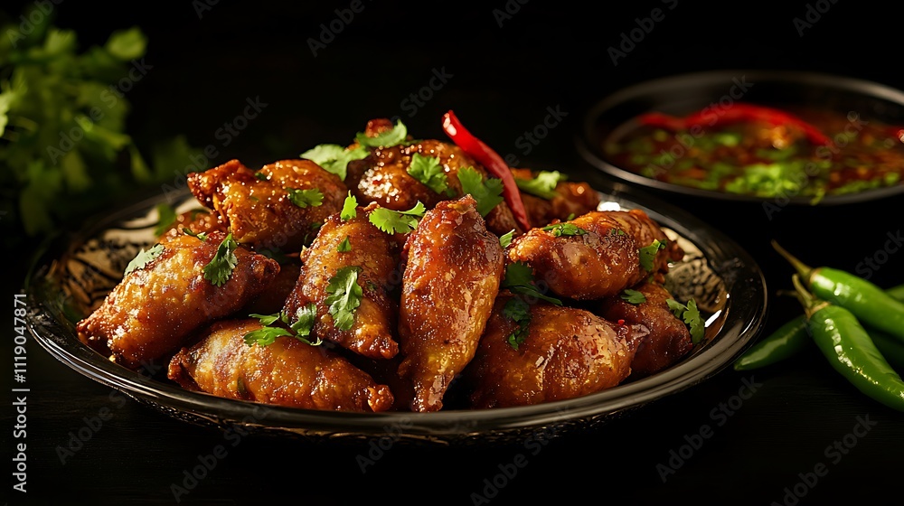 Spicy fried chicken wings with chili sauce and cilantro garnish served on a dark plate. Spicy fried chicken wings with chili sauce and cilantro garnish served on a dark plate.