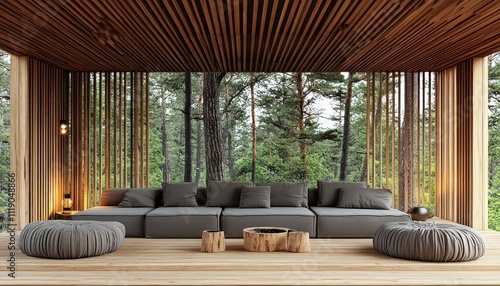 Modern Wooden Forest Pavilion Lounge Area Design