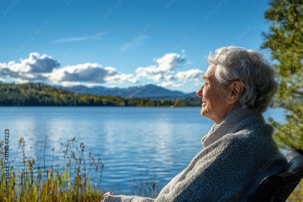 Fototapeta premium Retirement planning ensures a happy lifestyle. Serene elderly person by a lake
