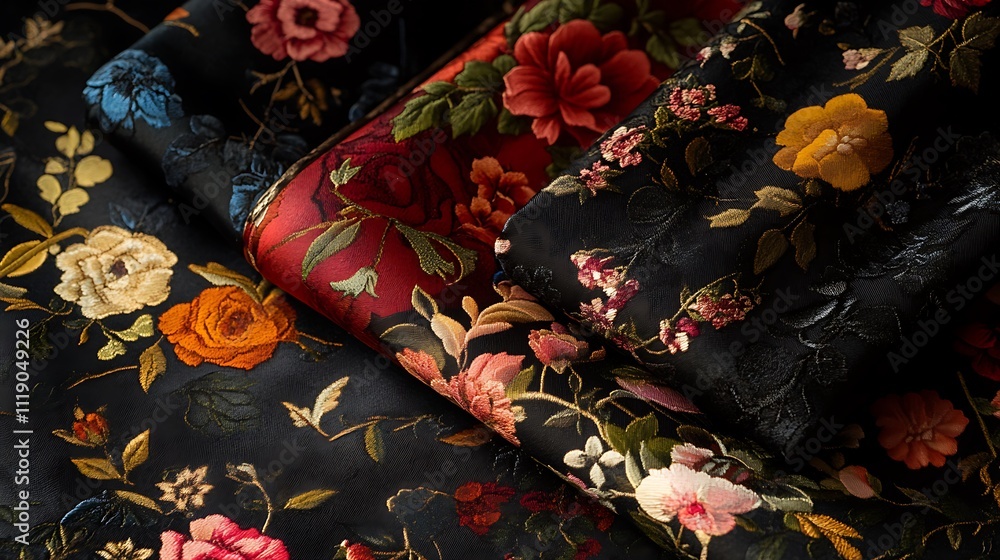 Dark Fabric Showing Embroidered Floral Designs Dark Fabric Showing Embroidered Floral Designs