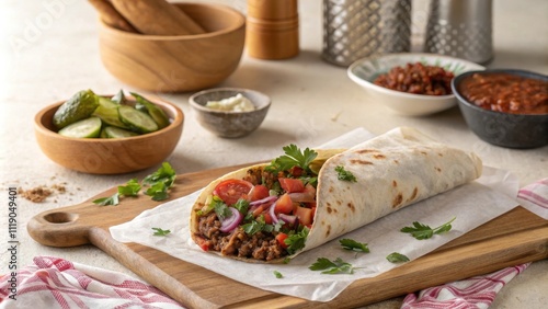 Cozy Serving of Classic Lahmacun Rolled Wrap with Fresh Ingredients