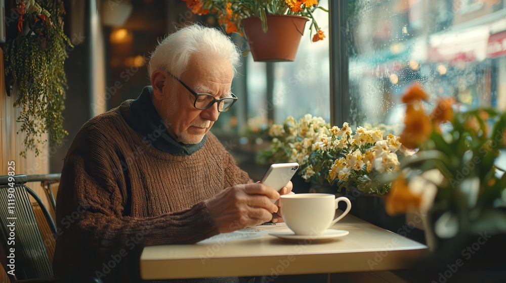 Retirement planning ensures a happy lifestyle. Elderly man using smartphone in caf Retirement planning ensures a happy lifestyle. Elderly man using smartphone in caf