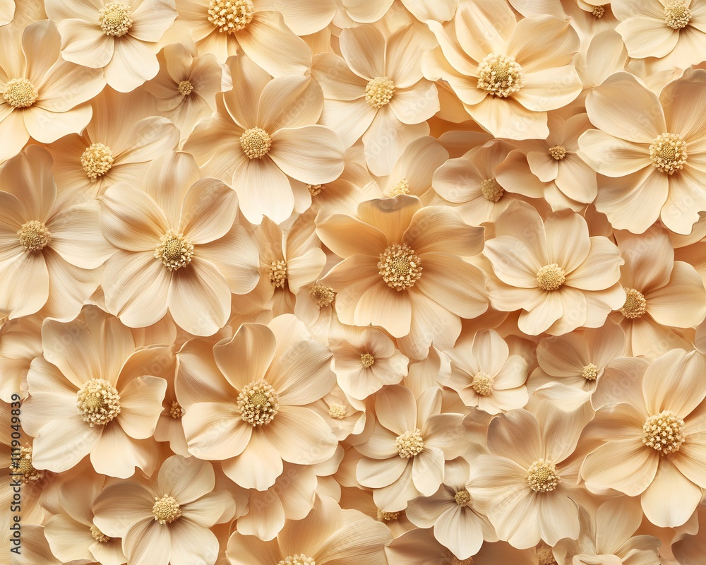 A close-up view of soft beige flowers creating a textured floral background. A close-up view of soft beige flowers creating a textured floral background.