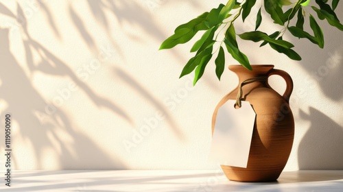 Artistic clay vase with tag and leaves casting shadows in bright indoor space minimalistic design contemporary style photo