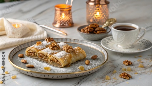 Luxurious plate of honey and nut baklava served with coffee