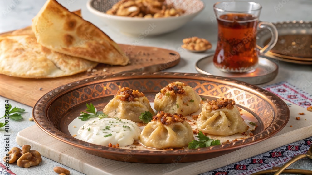 Luxurious Serving of Fried Manti with Yogurt and Tea Luxurious Serving of Fried Manti with Yogurt and Tea