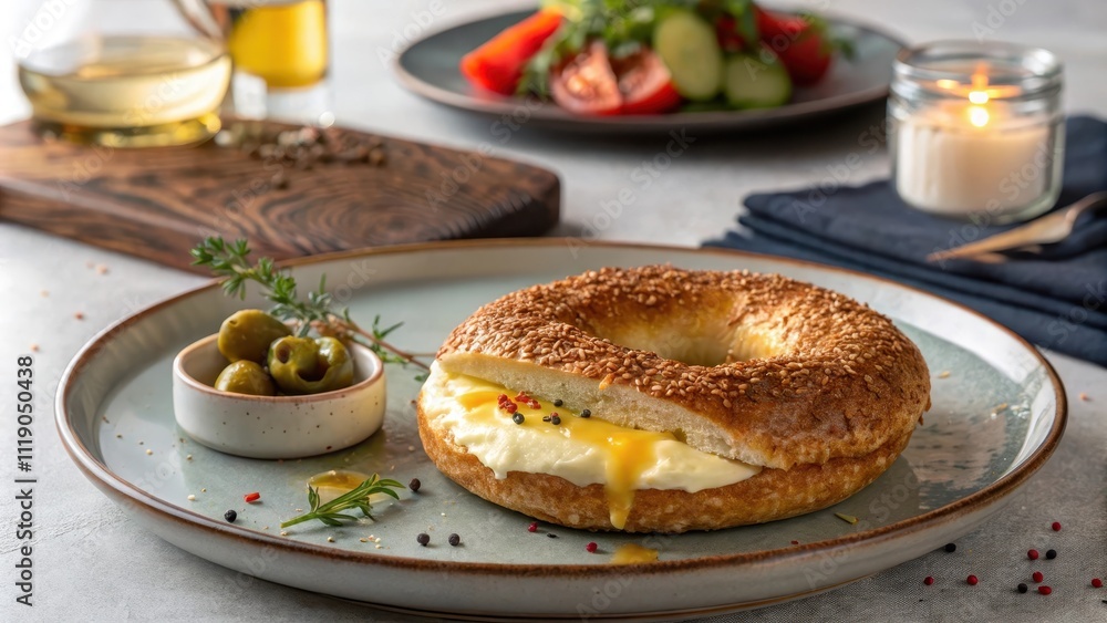 Luxurious serving of stuffed cheese simit with olives and salad Luxurious serving of stuffed cheese simit with olives and salad