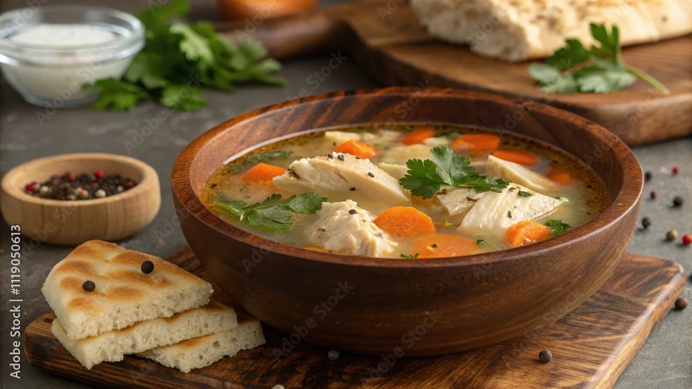 Rustic chicken soup served in a wooden bowl with bread and herbs Rustic chicken soup served in a wooden bowl with bread and herbs