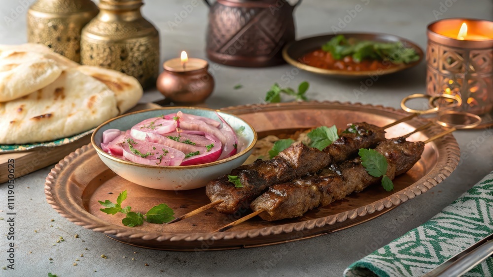Rustic serving of beef kebabs with sides on a decorative platter Rustic serving of beef kebabs with sides on a decorative platter