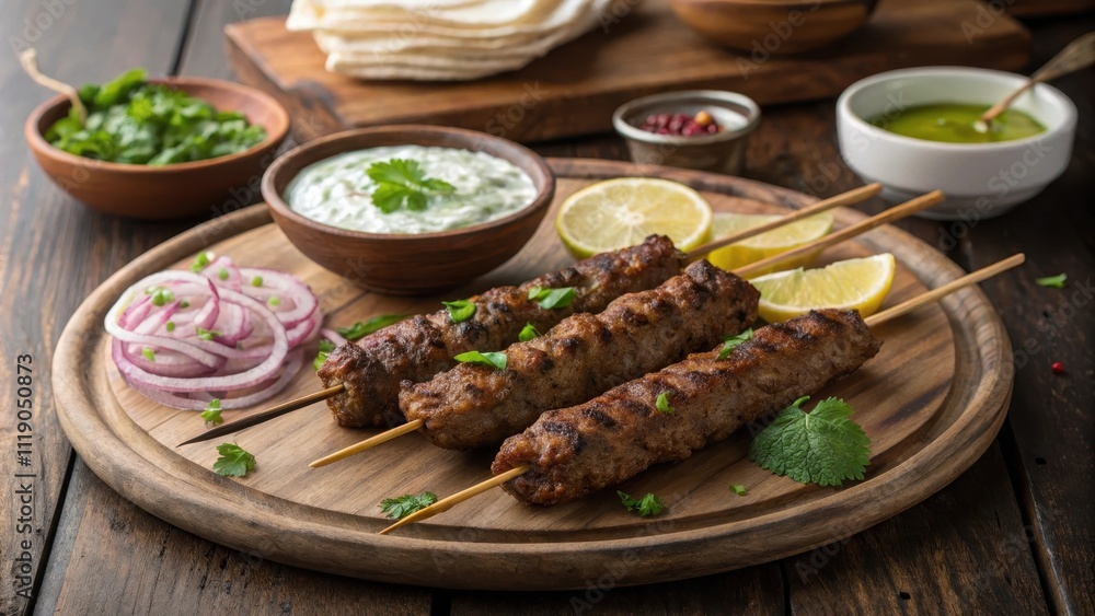 Smoky Seekh Kebabs Served with Dipping Sauces and Vegetables