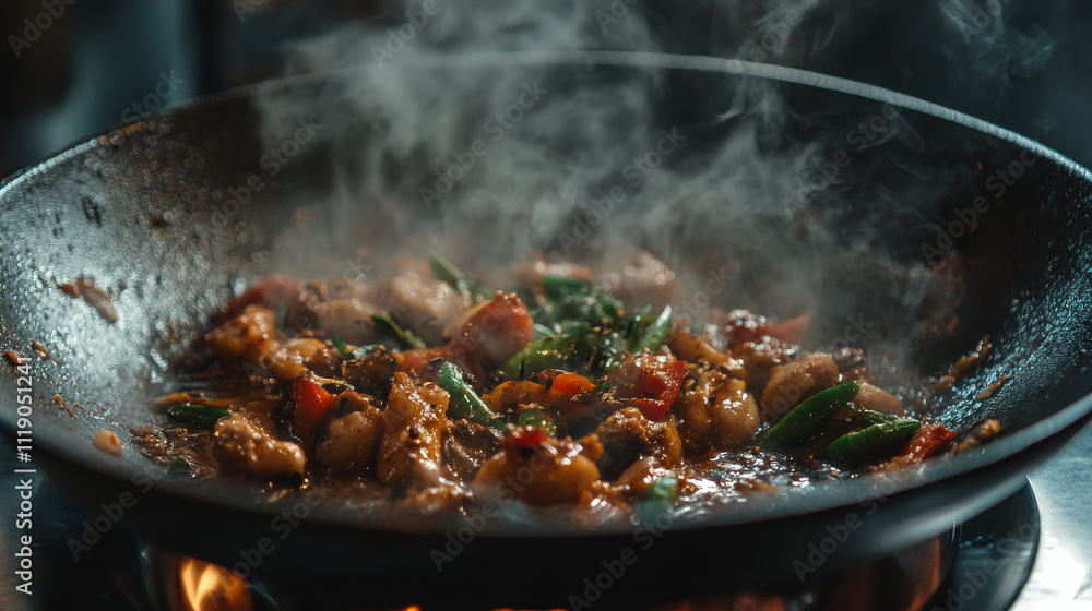 Steaming Wok, Spicy Stir-Fry, Asian Cuisine, Food Photography, Culinary Image Steaming Wok, Spicy Stir-Fry, Asian Cuisine, Food Photography, Culinary Image