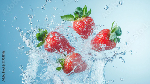 Splashing Strawberries: Juicy, ripe strawberries burst into a refreshing water splash, creating a vibrant and dynamic image perfect for food, beverage, and lifestyle branding.  