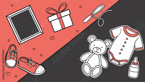 Baby girl concept. Top view photo of photo frame gift boxes shirt shoes knitted bunny rattle toy teddy-bear soother chain milk bottle and confetti on isolated past red and black background with empty 