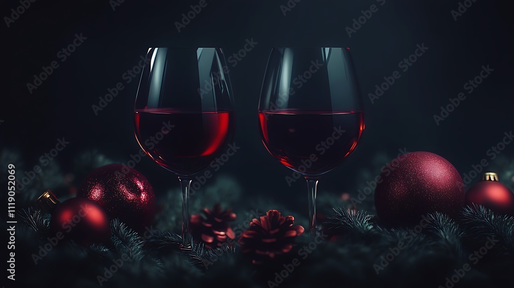 Festive Red Wine Glasses Amidst Christmas Decorations Festive Red Wine Glasses Amidst Christmas Decorations