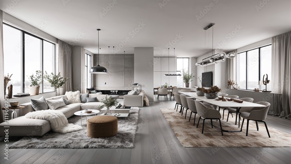 Fototapeta premium Interior design of modern scandinavian apartment, living room and dining room, panorama 3d rendering