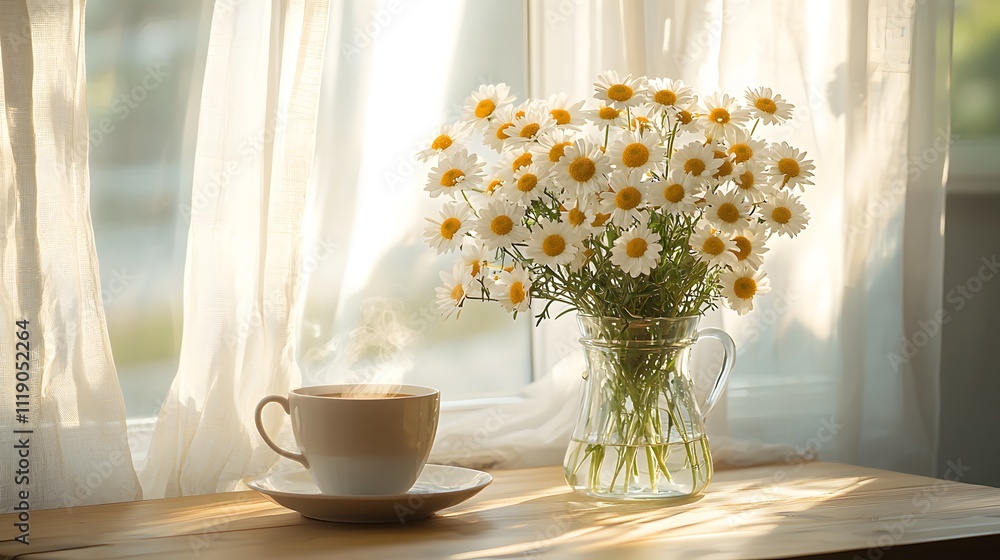 Delightful Morning Tea with Daisies Cozy Home Still Life Warm Atmosphere Close-Up Serenity Delightful Morning Tea with Daisies Cozy Home Still Life Warm Atmosphere Close-Up Serenity