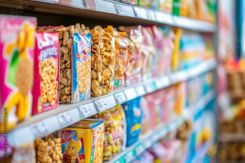Colorful Variety of Snack Cereals in Bright Packaging on Grocery Store Shelf Surrounded by Rows of Sweet and Crunchy Breakfast Foods