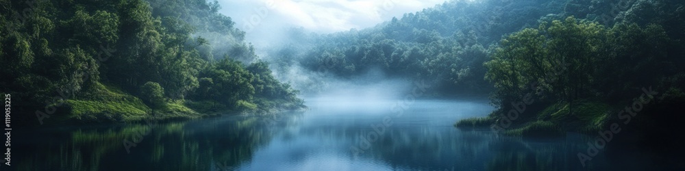 Serene Misty Lake Surrounded By Lush Green Forests Serene Misty Lake Surrounded By Lush Green Forests