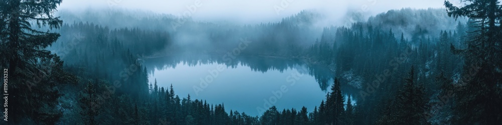 Serene Mountain Lake Enveloped by Misty Forest Serene Mountain Lake Enveloped by Misty Forest