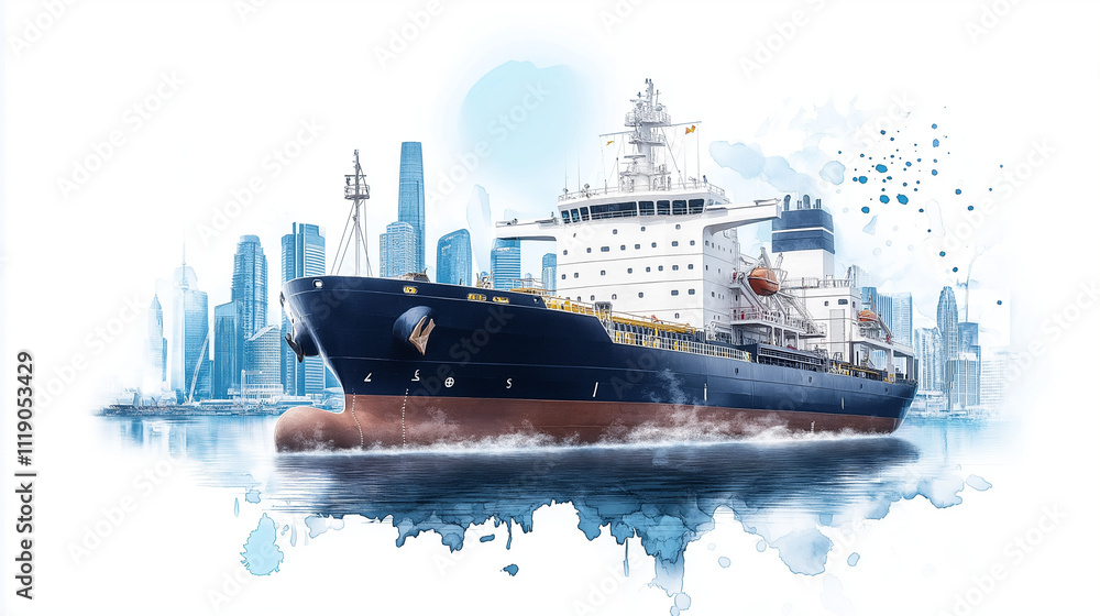 Obraz premium Cargo Ship in City Harbor: Watercolor style illustration of a large cargo ship sailing into a modern city harbor. A vibrant image symbolizing global trade and maritime transport. 