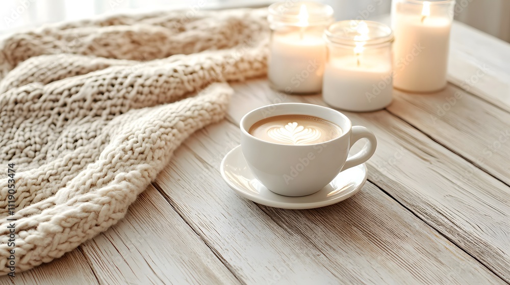 Blank mockup template of a coffee cup on a light wooden table, surrounded by cozy candles, a knit blanket, and soft lighting. Blank mockup template of a coffee cup on a light wooden table, surrounded by cozy candles, a knit blanket, and soft lighting.