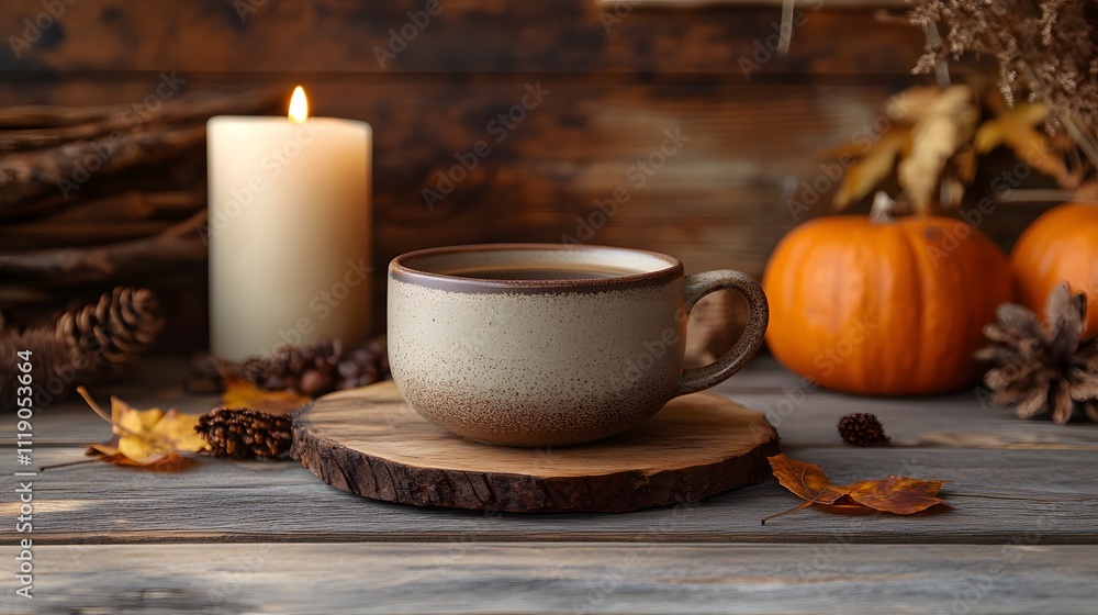 Fototapeta premium Blank mockup template of a ceramic coffee cup on a rustic wooden table, surrounded by cozy candles and warm autumn decor.