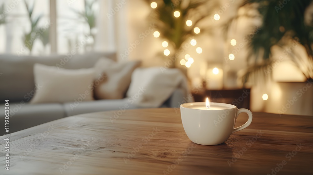 Blank mockup template of a coffee cup on a wooden table, with warm, cozy elements like pillows, candles, and soft lighting. Blank mockup template of a coffee cup on a wooden table, with warm, cozy elements like pillows, candles, and soft lighting.