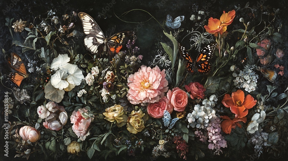 Dark Floral Arrangement With Butterflies And Flowers Dark Floral Arrangement With Butterflies And Flowers